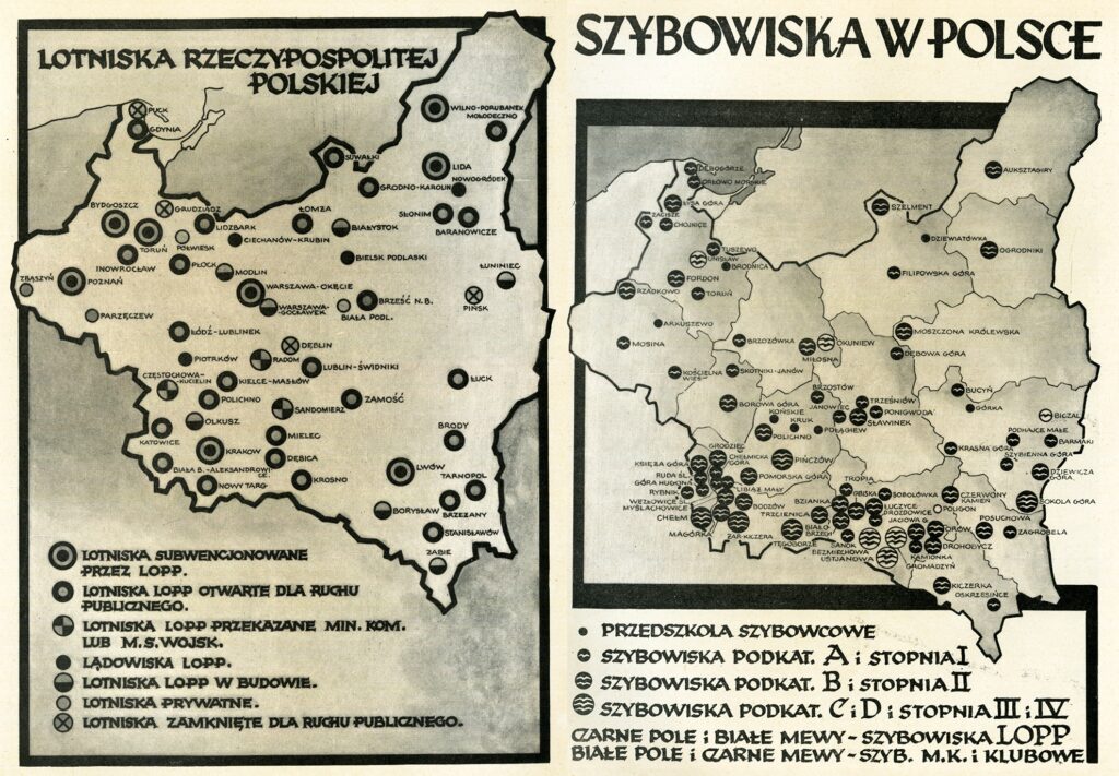 Przedwojenne mapy polskich lotnisk i szybowisk, zamieszczone w albumie „XV lat LOPP”. fot. NAC