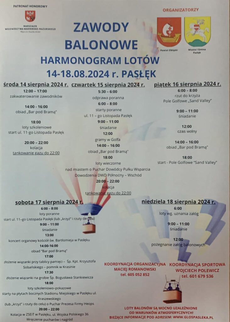 Harmonogram XXVIII Świętojańskich Zawodów Balonowych im. Bogusława Stankiewicza. 